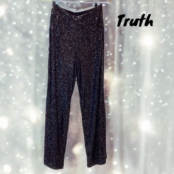 TRUTH NWT WOMENS WIDE LEG BLACK SEQUIN SPARKLING TROUSERS PANTS SIZE 8 PARTY - Picture 2 of 9